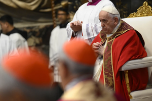 Pope Francis prays at the Mass in suffrage for the cardinals and bishops who died in the past year, Nov. 2, 2022.