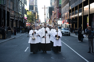 A Eucharisitic procession sponsored by the Napa Institute heads through the streets of New York City on Oct. 15, 2024.