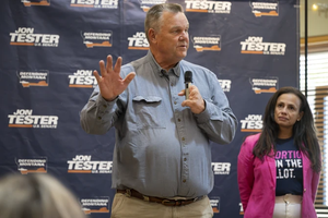 Sen. Jon Tester, D-Montana, speaks as Planned Parenthood Action Fund President and CEO Alexis McGill Johnson (right) looks on during a rally on Sept. 5, 2024, in Bozeman, Montana. The Right to Abortion Initiative will be on the Nov. 5 ballot as an amendment to Montana’s constitution. Tester attended the rally in support of the initiative.