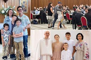 Clockwise from left: Australia’s Kelly Paget poses with her husband, Chris, and their three boys, Dennie (13), Samson (10) and Oscar (5), at Samson’s recent First Communion; José Manuel De Urquidi, a Mexican citizen who lives in Dallas, walks into the synod hall with his wife and eldest child, Inés, on her birthday; Ukraine’s Maria Sabov stands with her children Veronika (15), Viktor (13) and Pavlo (9), and her husband, Father Viktor, a Greek Catholic priest.
