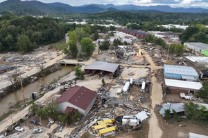 An aerial view of flood damage wrought by Hurricane Helene along the Swannanoa River on Oct. 3, 2024, in Asheville, North Carolina.