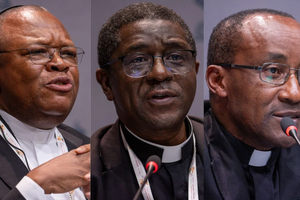 Congolese Cardinal Fridolin Ambongo Besungu, Archbishop Andrew Nkea Fuanya of Cameroon, and Cardinal Edouard Sinayobye of Rwanda talk with journalists at Synod on Synodality press briefings in October 2024.