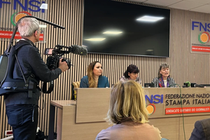 Lawyer Laura Sgro, left, sits with Gloria Branciani, center, and Marjiam Kovač during a press conference in Rome on Feb. 21, 2024. Branciani and Kovač allege that they were subjected to spiritual, psychological, and sexual abuse by famous mosaic artist Father Marko Rupnik.