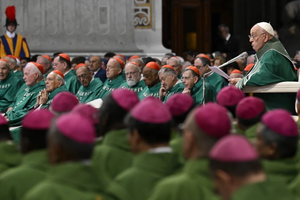 Pope Francis addresses bishops gathered in St. Peter’s Basilica at the Vatican for the Synod on Synodality closing Mass on Oct. 27, 2024.