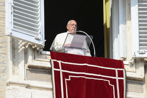 Pope Francis delivers his Sunday Angelus message from a window of the Apostolic Palace overlooking St. Peter’s Square on Oct. 27, 2024.