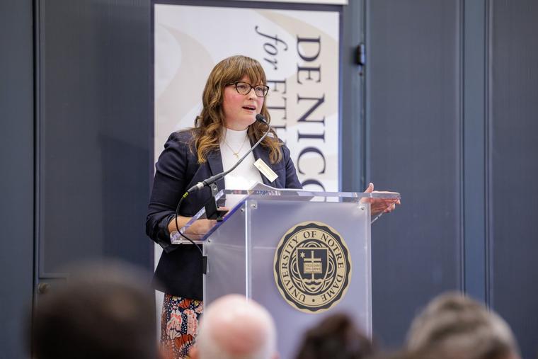 Jennifer Newsome Martin speaks at a Sept. 10 de Nicola Center for Ethics and Culture event; Martin is leading the Fall Conference at the University of Notre Dame this week.