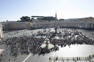 Pilgrims gather throughout a sunny St. Peter’s Square for Pope Francis’ Angelus address on the solemnity of All Saints, Nov. 1, 2024, at the Vatican.