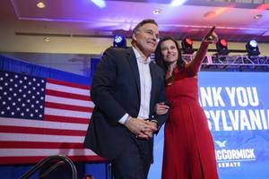 Pennsylvania Republican U.S. Senate candidate Dave McCormick and his wife, Nina Powell, thank supporters Nov. 6, 2024, after declaring victory in a closely contested race with incumbent Democratic Sen. Bob Casey on in Pittsburgh.