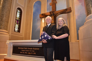Ray Kapaun, the nephew of Servant of God Father Emil Kapaun, and his wife, Lee, at the Cathedral of the Immaculate Conception in Wichita, Kansas, on the day of Father Kapaun's funeral.