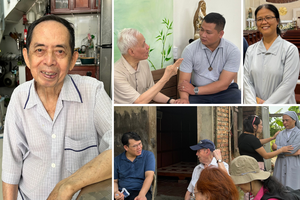 (Clockwise from Left) Father Stephen Huyuh Tru, age 82, a Vietnamese priest of Chinese ethnicity, who was ordained in 1974 and served at a church built in 1900 to serve Chinese Catholics living and working in Saigon. Brother Peter Nguyen Viet Bao, age 32, on right, who took final vows with the Marist Brothers last year, talking to Bishop Emeritus Cosmas Hoang Van Dat (2008-2023) of Bac Ninh diocese in Northern Vietnam. Bishop Cosmas was the first Jesuit bishop in the country's history. Sister Tra is a member of Vietnam's largest religious order for women, Lovers of the Holy Cross. On the left, Nguyen Thanh An, a Vietnamese Jesuit in formation chats with Father Ando Isamu, a Spanish-born Jesuit.