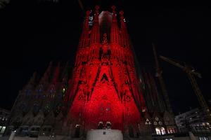 The Sagrada Familia basilica is lit up with red lights to commemorate persecuted Christians, in Barcelona, on Nov. 20, 2024.