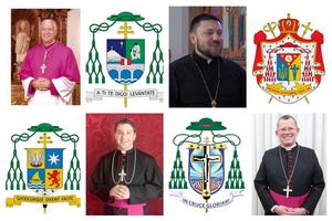 Shown with their coats of arms: 
Top row: L to R: Cardinals-elect Carlos Castillo Mattasoglio and Mykola Bychok
Bottom row, L to R: Cardinals-elect Frank Leo and Jaime Spengler