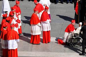  New cardinals greet Pope Francis at the end of the consistory for the creation of 21 new cardinals in St. Peter Square on September 30, 2023. 