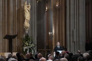 French President Emmanuel Macron delivers a speech during a ceremony to mark the reopening of the landmark Notre Dame Cathedral in central Paris on Dec. 7, 2024.
