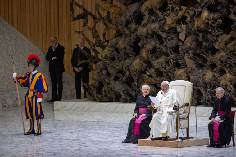 Pope Francis addresses pilgrims gathered in the Paul VI Audience Hall at the Vatican for his general audience on Wednesday, Dec. 11, 2024.
