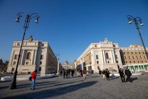 Tourists traverse Piazza Pia in front of the Vatican on Dec. 31, 2024, during the Jubilee of Hope, which officially began on Christmas Eve. 