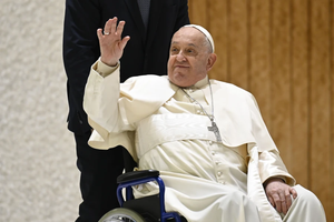 Pope Francis greets pilgrims from his wheelchair during the Saturday Jubilee audience in the Vatican’s Audience Hall, Jan. 11, 2025