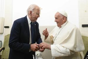 Pope Francis meets with U.S. President Joe Biden on Friday, June 14, 2024, after a session at the G7 Summit, held June 13-15 in the southern Italian region of Puglia.