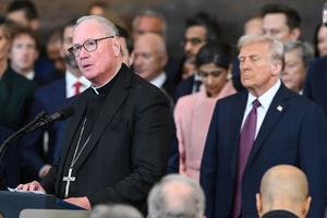 Cardinal Timothy Dolan of the Archdiocese of New York delivers the invocation during the inauguration ceremony of President Donald Trump in the U.S. Capitol Rotunda on January 20, 2025 in Washington, DC. 