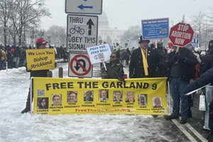 Pro-life activists protest the incarceration of nine activists charged with FACE Act violations at the March for Life 2024.