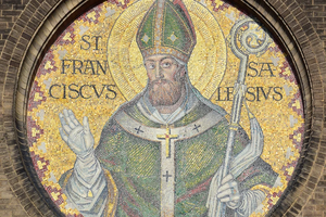 Mosaic of St. Francis de Sales on the exterior of St. Francis de Sales Oratory in St. Louis