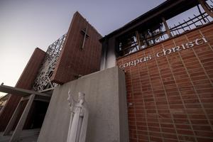 Corpus Christi Catholic Church is shown Jan. 18, 2025, after burning in the Palisades Fire in the Pacific Palisades neighborhood of Los Angeles.