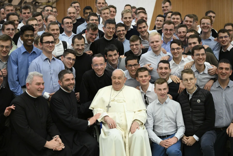 Pope Francis meets with clergy and other pilgrims during his general audience in the Vatican's Paul VI Hall, Wednesday, Jan. 29, 2025