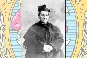 St. John Bosco, photographed by Carlo Felice Deasti in 1887, with the Salesian coat of arms in the background