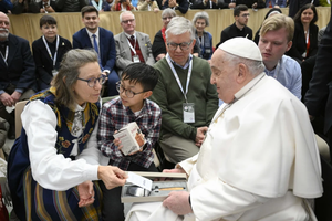 Pope Francis meets with members of a pilgrimage sponsored by the Scandinavian Bishops’ Conference on Feb. 3, 2025, in the Paul VI Audience Hall at the Vatican.