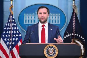 Vice President JD Vance speaks during a briefing about the mid-air crash between American Airlines flight 5342 and a military helicopter in Washington, in the Brady Press Briefing Room at the White House on January 30, 2025 in Washington, DC. 