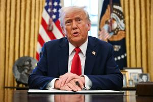 President Donald Trump speaks to the press as he signs an executive order to create a US sovereign wealth fund, in the Oval Office of the White House on February 3, 2025, in Washington, DC. 