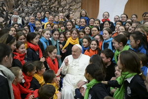 Pope Francis greets pilgrims gathered for his Wednesday general audience on Feb. 5, 2025, in the Paul VI Audience Hall at the Vatican.
