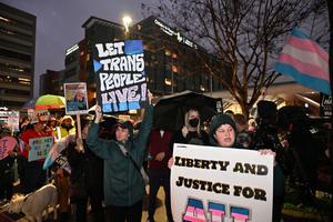 Supporters of transgender youth demonstrate outside Children's Hospital Los Angeles (CHLA) on February 6, 2025 in the wake of US President Donald Trump's executive order threatening to pull federal funding from healthcare providers who offer gender-affirming care to children.   