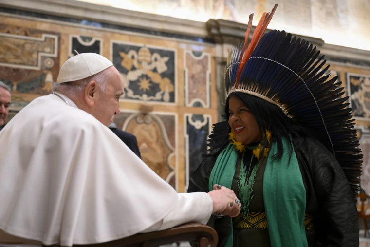 Pope Francis meets with participants of the conference “Indigenous Peoples’ Knowledge and the Sciences,” sponsored by the Pontifical Academies of Sciences and Social Sciences, held at the Vatican from March 14–15, 2024.