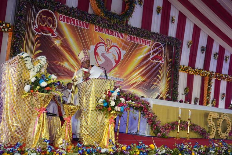 Archbishop John Barwa of Cuttack Bhubaneswar reads the Vatican decree on 35 Catholic Martyrs  during the Golden Jubilee Mass February 2025.