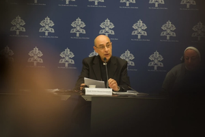 Cardinal Víctor Manuel Fernández, prefect of the Dicastery for the Doctrine of the Faith, presides over a press conference on Friday, May 17, 2024, on the Vatican’s new document on Marian apparitions.