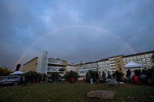 A rainbow appears above the Gemelli hospital where Pope Francis is hospitalized for tests and treatment for bronchitis in Rome on Feb. 18, 2025.