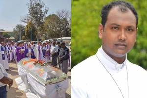 At left, funeral of Father Donald Martin Ye Naing Win (pictured at right), martyred in Myanmar on Feb. 14, 2025.