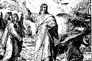 Woodcut depicting the temptations of Christ