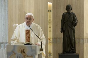 Pope Francis celebrates daily Mass for the feast of St. Joseph the Worker in the chapel of Casa Santa Marta on Friday, May 1, 2020, during the coronavirus pandemic in Italy.