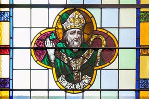 A stained-glass window depicting St. Patrick in Knock, Ireland