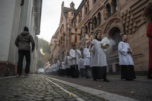 The liturgical procession outside the Freiburg Cathedral on Nov. 17, 2024, where Cardinal Kurt Koch, prefect of the Vatican’s Dicastery for Promoting Christian Unity, presided over the beatification Mass Father Max Josef Metzger. Metzger was a Catholic priest executed by the Nazi regime in 1944 for his peace activism and ecumenical work.