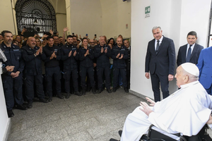 Pope Francis meets with inmates in a surprise visit to the Regina Coeli Prison on Holy Thursday, April 17, 2025, in Rome.