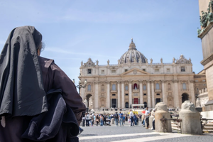 Mourners gather in St. Peter's Square after the death of Pope Francis on Monday, April 21, 2025.