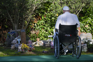 Pope Francis prays at the “Garden of Angels” section of the Laurentino Cemetery in Rome on All Souls’ Day, Nov. 2, 2024.