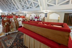 Pope Francis' body is blessed in the chapel of the Casa Santa Marta, Wednesday, April 23, 2025.