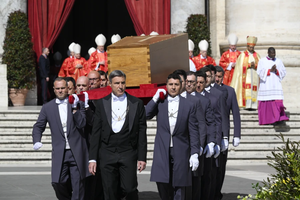 Pallbearers process with the coffin of Pope Francis during his funeral at St. Peter’s Square, Saturday, April 26, 2025.
