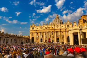 Saint Peter's Square with crowds of the faithful participating in the canonization Mass of seven new saints, celebrated by Pope Francis on Oct. 14, 2018. 