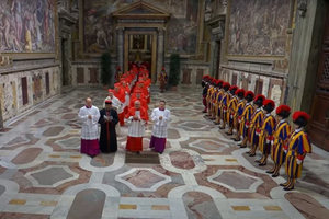 Cardinals process to the Sistine Chapel as the conclave to elect the 266th successor to St. Peter, the 267th pope, begins on May 7, 2025.