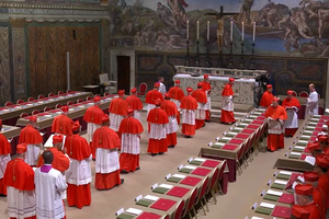 Cardinals process into the Sistine Chapel as the conclave to elect the 266th successor to St. Peter, the 267th pope, begins on May 7, 2025.